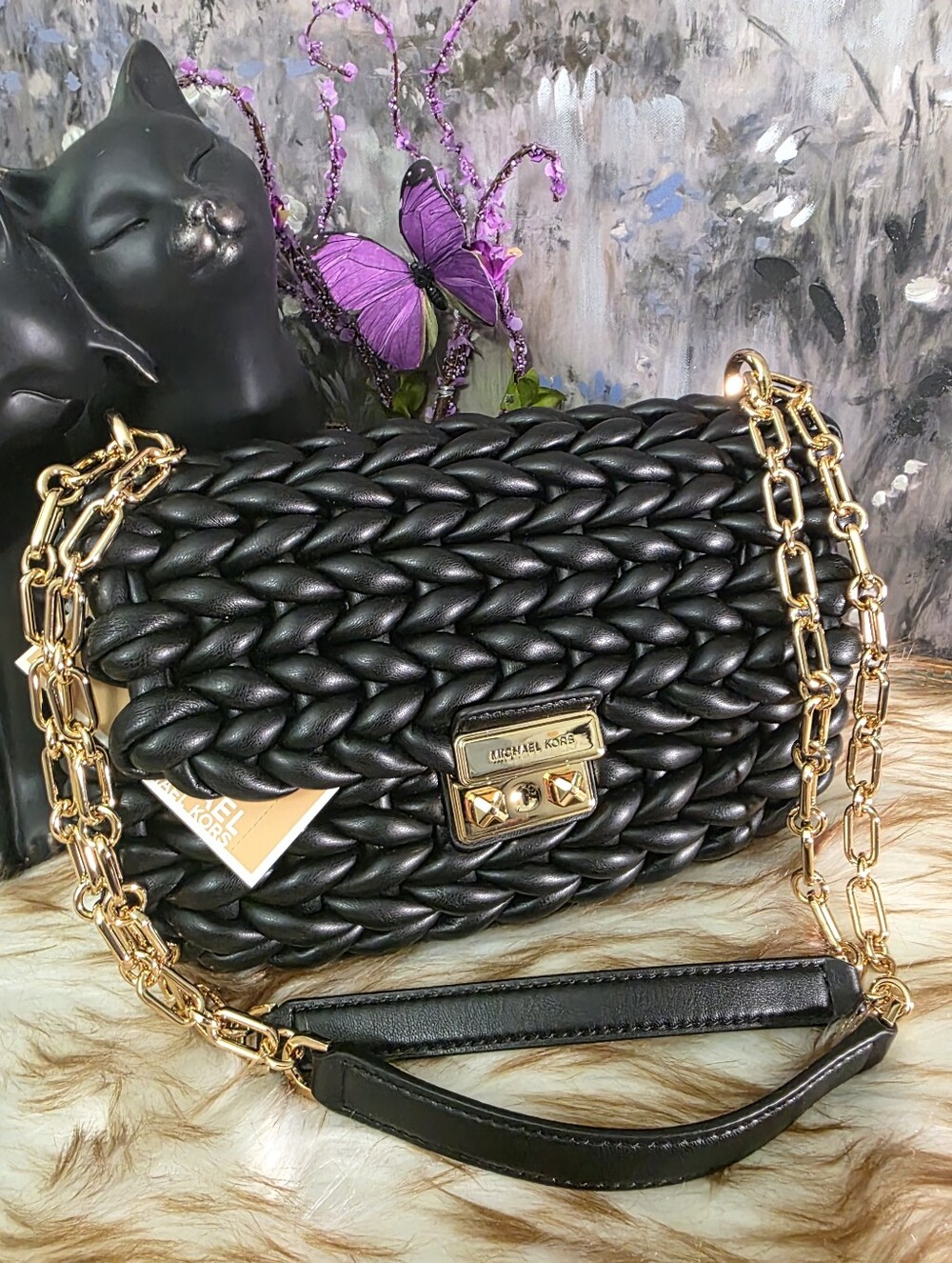 Auth NWT Michael Kors Black Braided Leather Shoulder Bag with Gold Chain